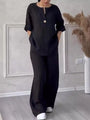 Sommer Set Damen | Leinen-Baumwollmix | Bluse mit Knopfleiste | Weithose | luftig-Schwarz-S-Luzern Mode