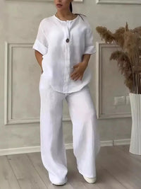 Sommer Set Damen | Leinen-Baumwollmix | Bluse mit Knopfleiste | Weithose | luftig-Weiß-S-Luzern Mode