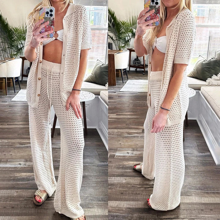 Zweiteiler Damen | Bluse mit Cut-Outs | lange Hose weit | Leinenmix | atmungsaktiv-Luzern Mode