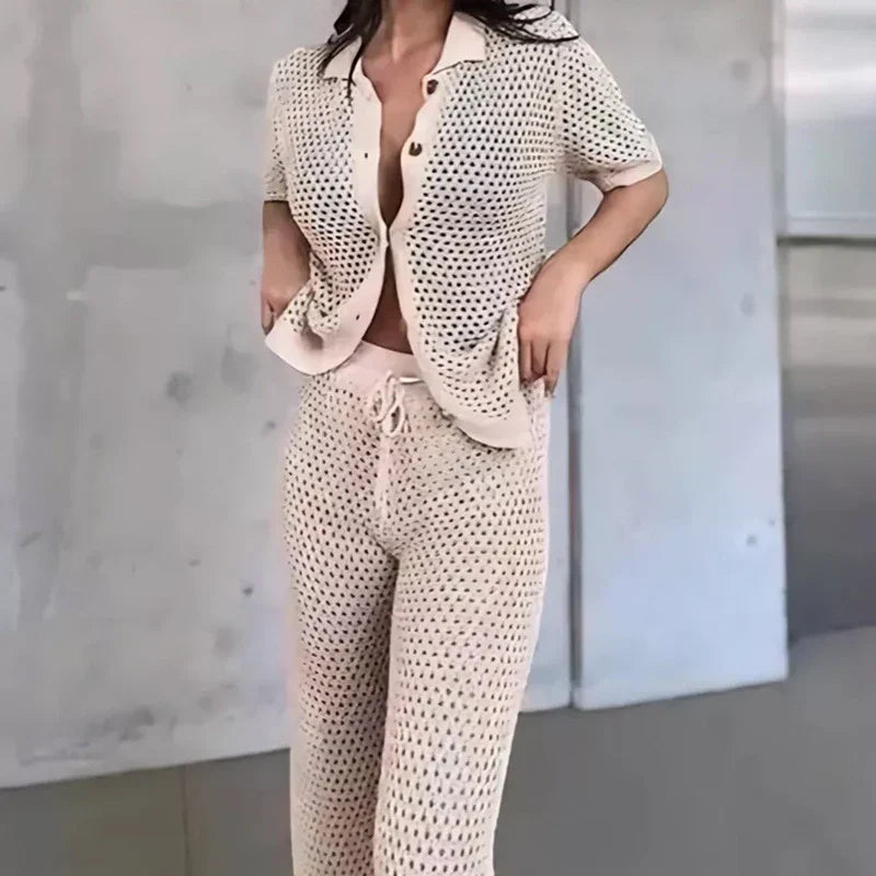 Zweiteiler Damen | Bluse mit Cut-Outs | lange Hose weit | Leinenmix | atmungsaktiv-Luzern Mode