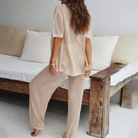 Zweiteiler Damen | Bluse mit Cut-Outs | lange Hose weit | Leinenmix | atmungsaktiv-Luzern Mode