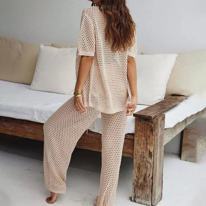 Zweiteiler Damen | Bluse mit Cut-Outs | lange Hose weit | Leinenmix | atmungsaktiv-Luzern Mode