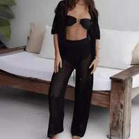 Zweiteiler Damen | Bluse mit Cut-Outs | lange Hose weit | Leinenmix | atmungsaktiv-Schwarz-S-Luzern Mode