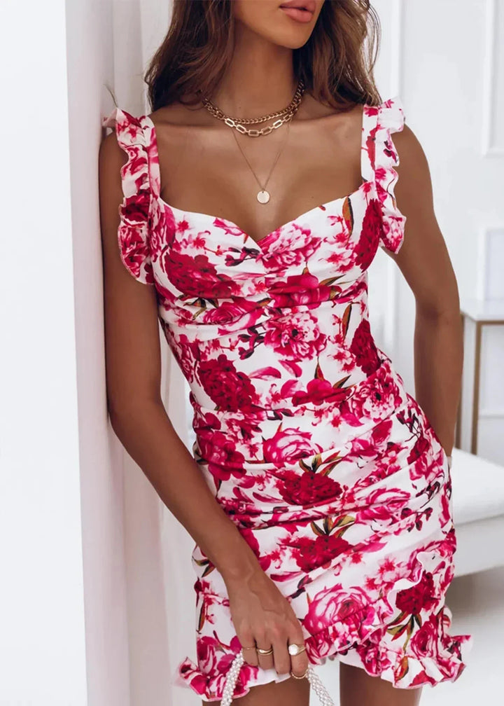 Wickelkleid Damen Sommer | Blumenprint | Luftig & feminin | Rüschen | Kurz-Rot-Weiß-S-Luzern Mode