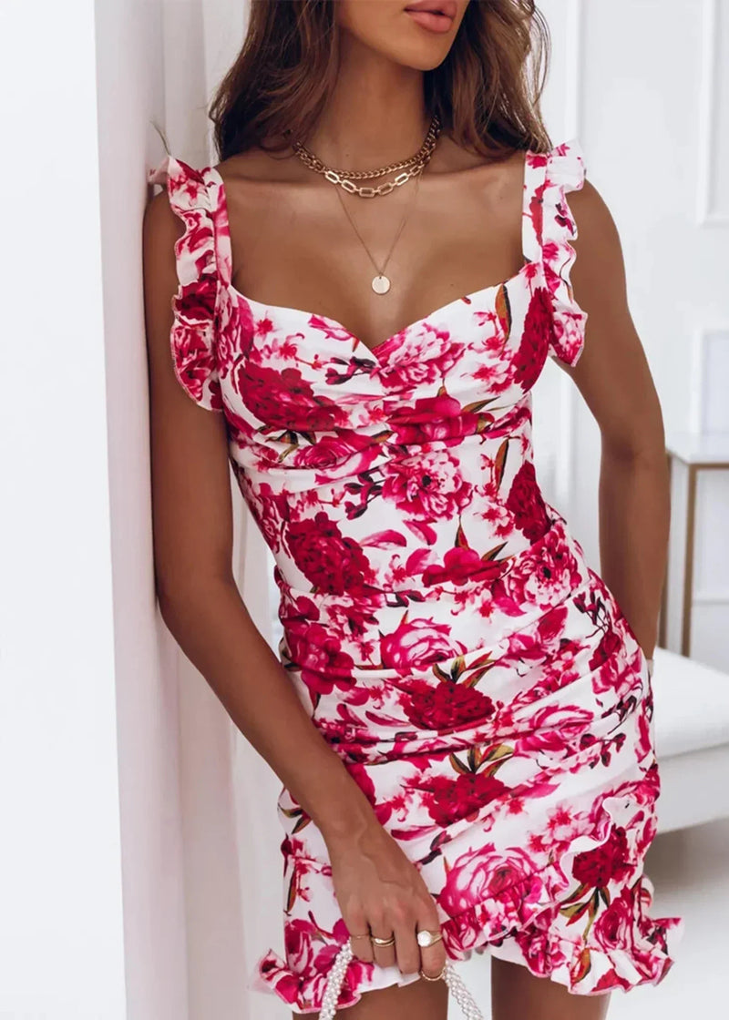 Wickelkleid Damen Sommer | Blumenprint | Luftig & feminin | Rüschen | Kurz-Rot-Weiß-S-Luzern Mode