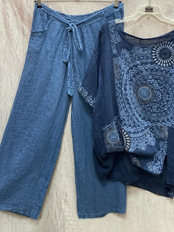 Damen Sommeroutfit | Luftig | Print | Locker | Lange Hose | Top-Blau-S-Luzern Mode