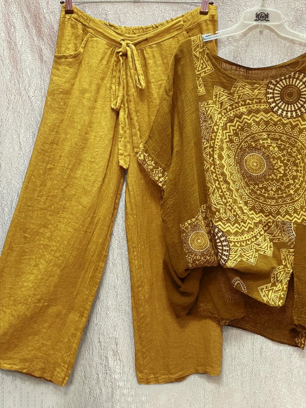 Damen Sommeroutfit | Luftig | Print | Locker | Lange Hose | Top-Gelb-S-Luzern Mode