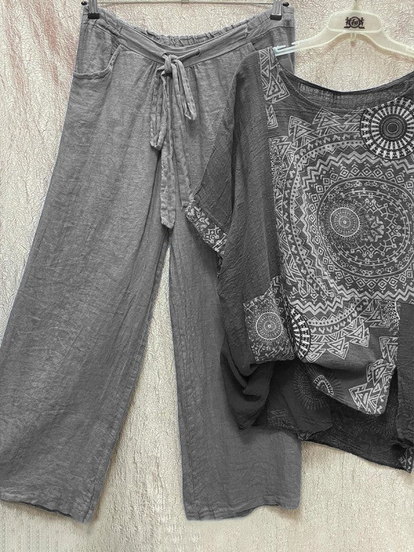 Damen Sommeroutfit | Luftig | Print | Locker | Lange Hose | Top-Grau-S-Luzern Mode
