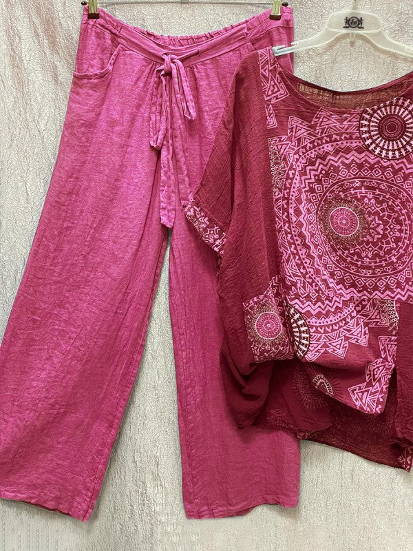 Damen Sommeroutfit | Luftig | Print | Locker | Lange Hose | Top-Rosa-S-Luzern Mode