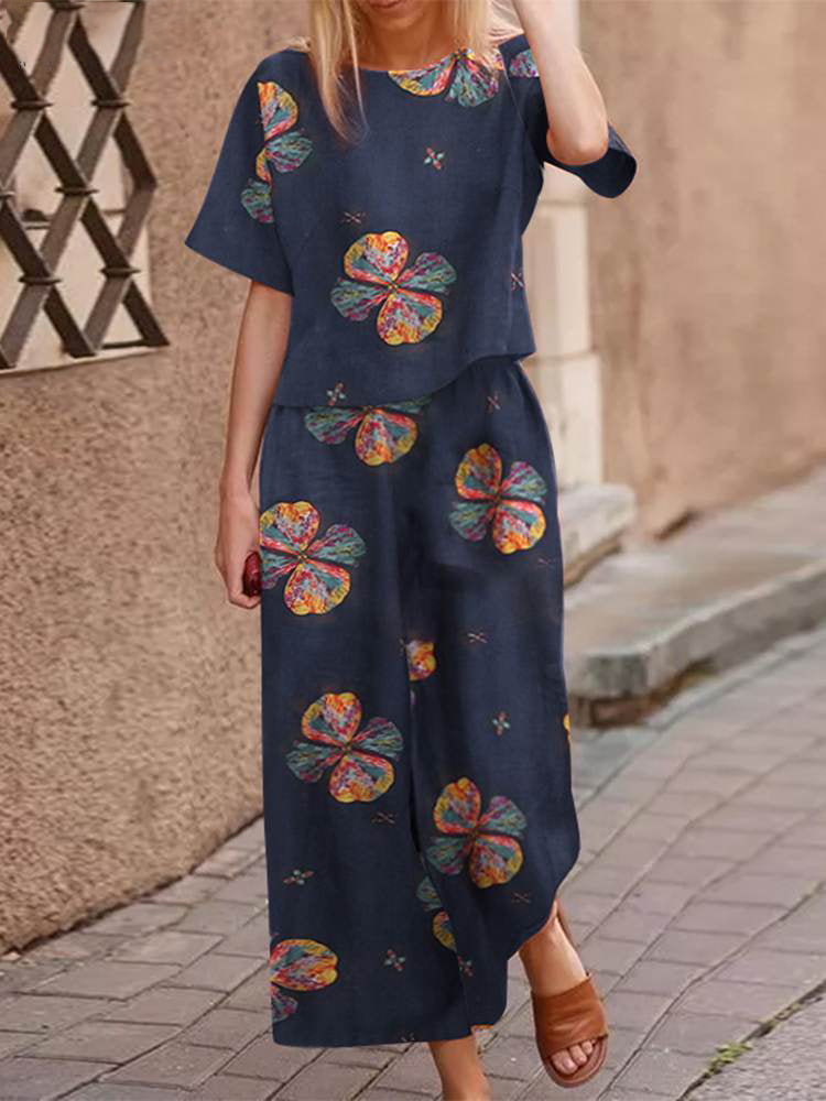 Zweiteiler Damen Boho Set | Baumwolle Sommer Look | Locker & Figurbetont-Marineblau-S-Luzern Mode