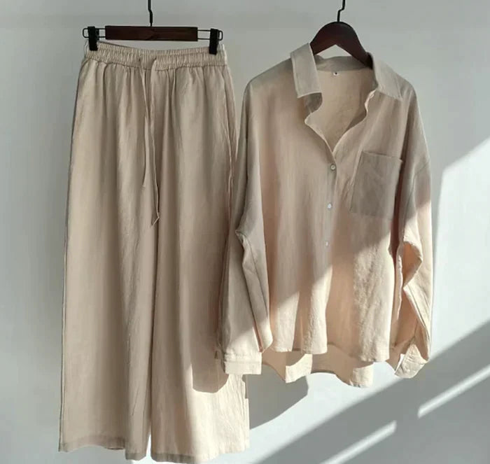 Zweiteiler Damen Leinen Set | Luftig Sommer Outfit | Locker & Stylisch-Beige-S-Luzern Mode