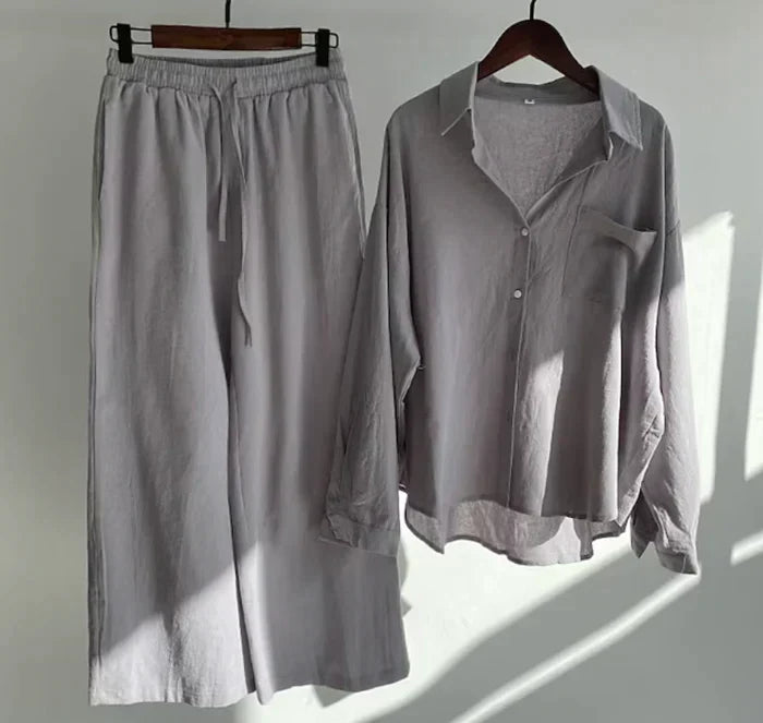 Zweiteiler Damen Leinen Set | Luftig Sommer Outfit | Locker & Stylisch-Grau-S-Luzern Mode