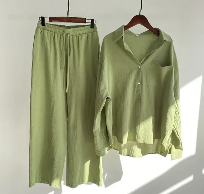 Zweiteiler Damen Leinen Set | Luftig Sommer Outfit | Locker & Stylisch-Grün-S-Luzern Mode