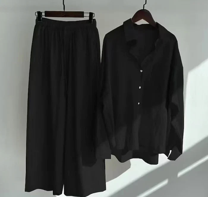 Zweiteiler Damen Leinen Set | Luftig Sommer Outfit | Locker & Stylisch-Schwarz-S-Luzern Mode