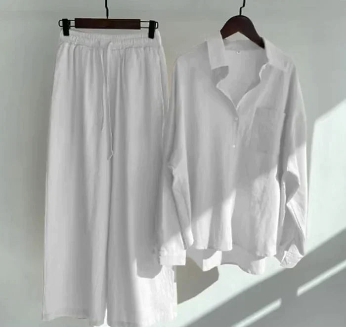 Zweiteiler Damen Leinen Set | Luftig Sommer Outfit | Locker & Stylisch-Weiß-S-Luzern Mode