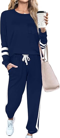 Unisex Jogginganzug mit Streifenmuster und Kordelzug-Dunkelblau-S-Luzern Mode