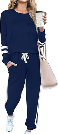 Unisex Jogginganzug mit Streifenmuster und Kordelzug-Dunkelblau-S-Luzern Mode