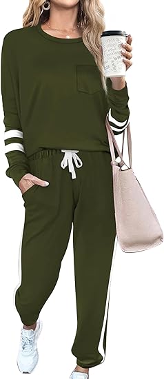 Unisex Jogginganzug mit Streifenmuster und Kordelzug-Olivgrün-S-Luzern Mode