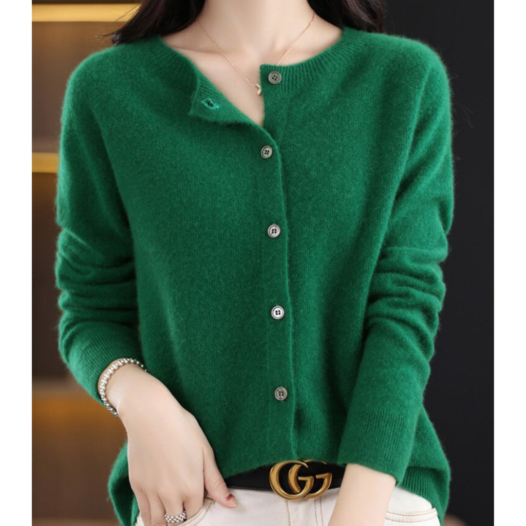 Damen Strickjacke mit V-Ausschnitt - Weicher Cardigan-Dunkelgrün-S-Luzern Mode