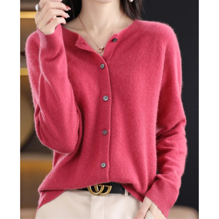 Damen Strickjacke mit V-Ausschnitt - Weicher Cardigan-Dunkelrosa-S-Luzern Mode