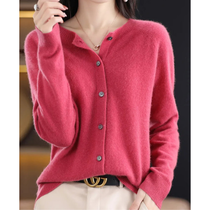 Damen Strickjacke mit V-Ausschnitt - Weicher Cardigan-Dunkelrosa-S-Luzern Mode