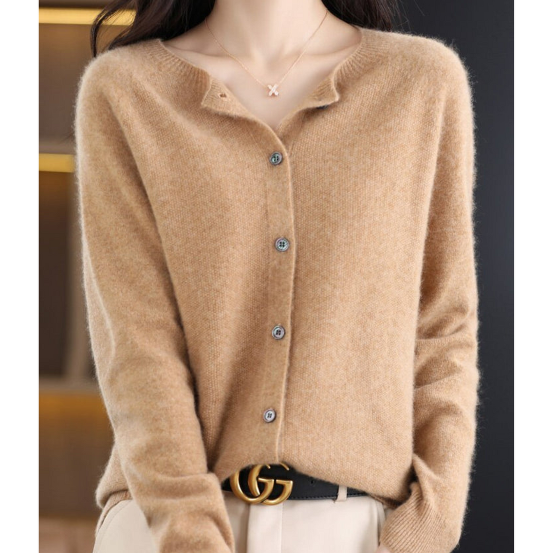 Damen Strickjacke mit V-Ausschnitt - Weicher Cardigan-Hellbraun-S-Luzern Mode