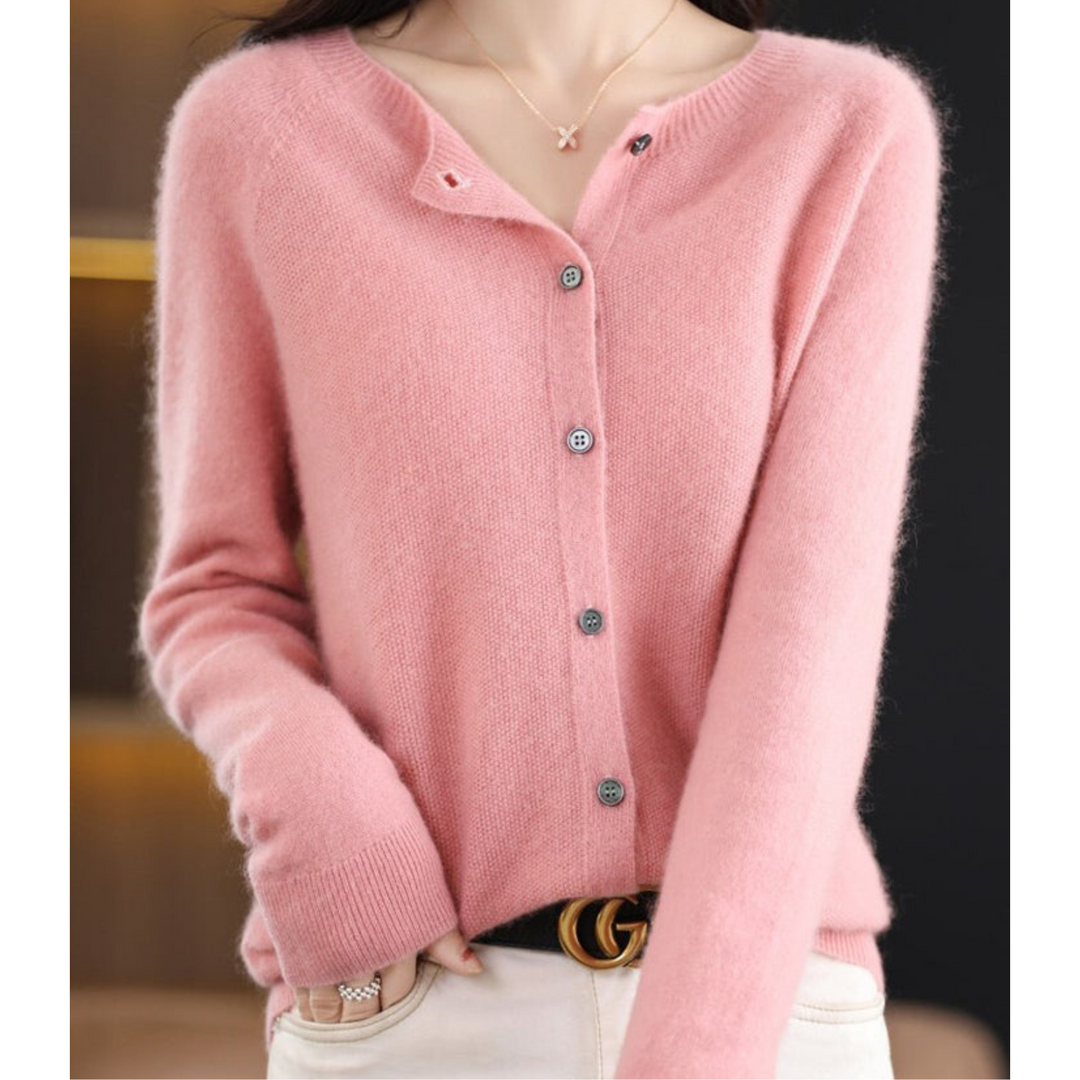 Damen Strickjacke mit V-Ausschnitt - Weicher Cardigan-Hellrosa-S-Luzern Mode