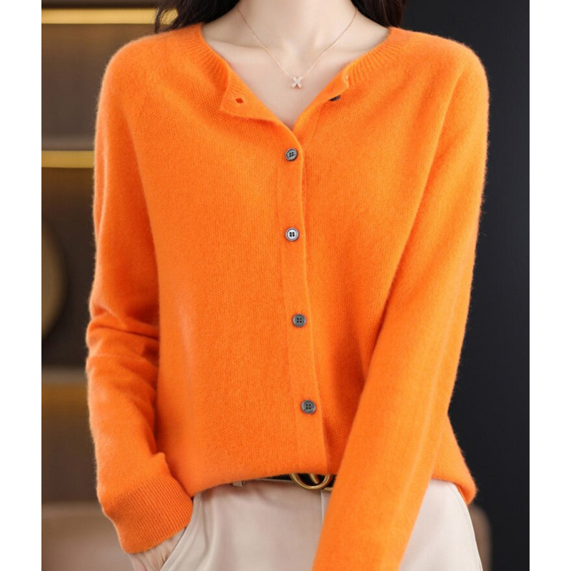 Damen Strickjacke mit V-Ausschnitt - Weicher Cardigan-Orange-S-Luzern Mode