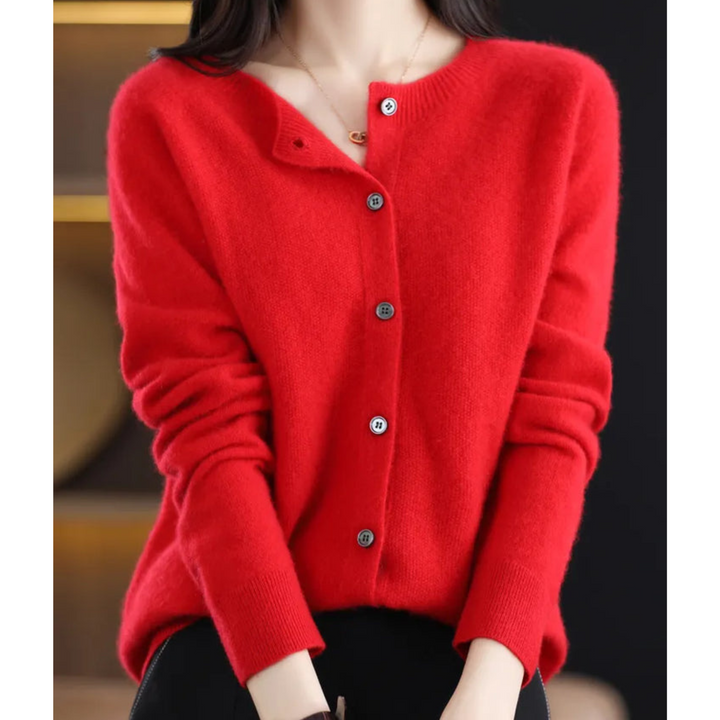 Damen Strickjacke mit V-Ausschnitt - Weicher Cardigan-Rot-S-Luzern Mode