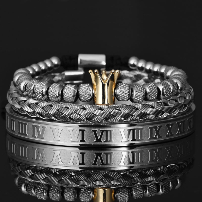 Herren Armbandenset | Lässig | Römischer Stil | 3-teilig | Hypoallergen-Silberset mit goldener Krone-Luzern Mode