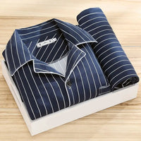 Herren Pyjama Set | 2-teilig | Lange Hose | Knopfverschluss | Hemd-Dunkelblau gestreift-L-Luzern Mode