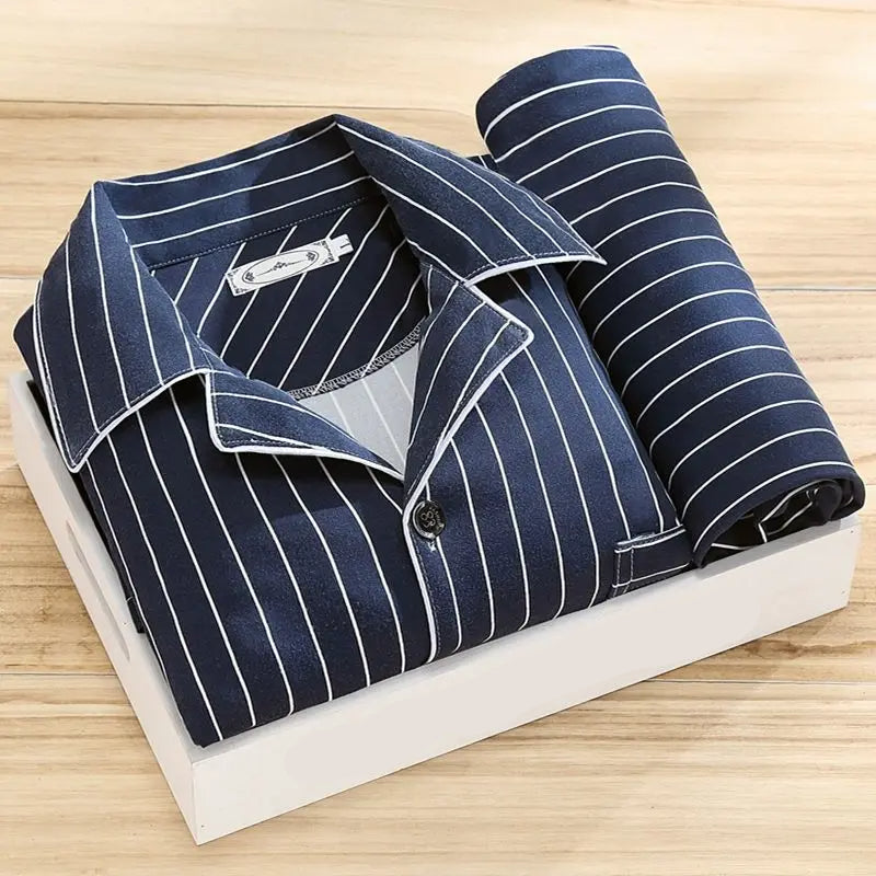 Herren Pyjama Set | 2-teilig | Lange Hose | Knopfverschluss | Hemd-Dunkelblau gestreift-L-Luzern Mode