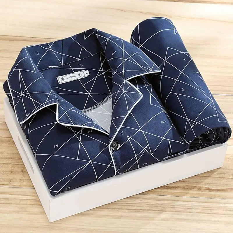 Herren Pyjama Set | 2-teilig | Lange Hose | Knopfverschluss | Hemd-Dunkelblaue Dreieck-L-Luzern Mode