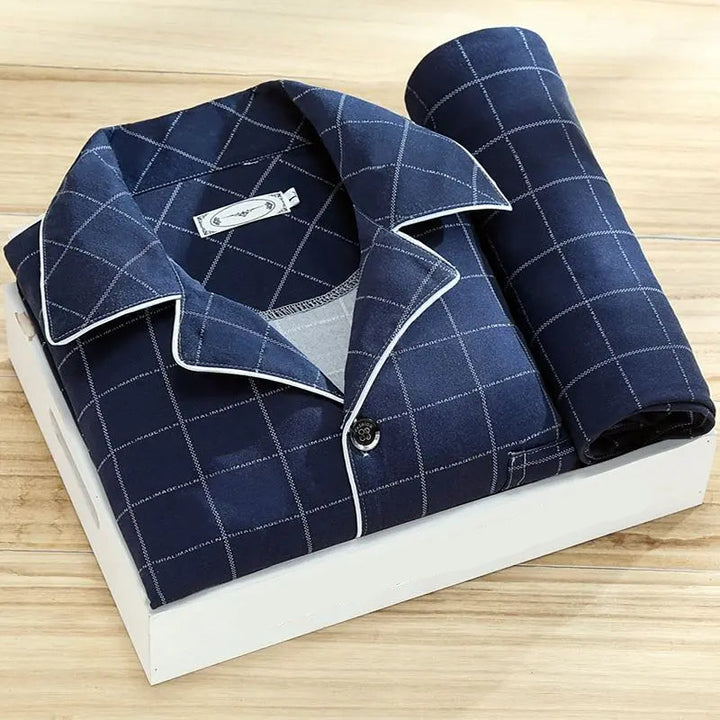 Herren Pyjama Set | 2-teilig | Lange Hose | Knopfverschluss | Hemd-Dunkelblaues Karomuster-L-Luzern Mode