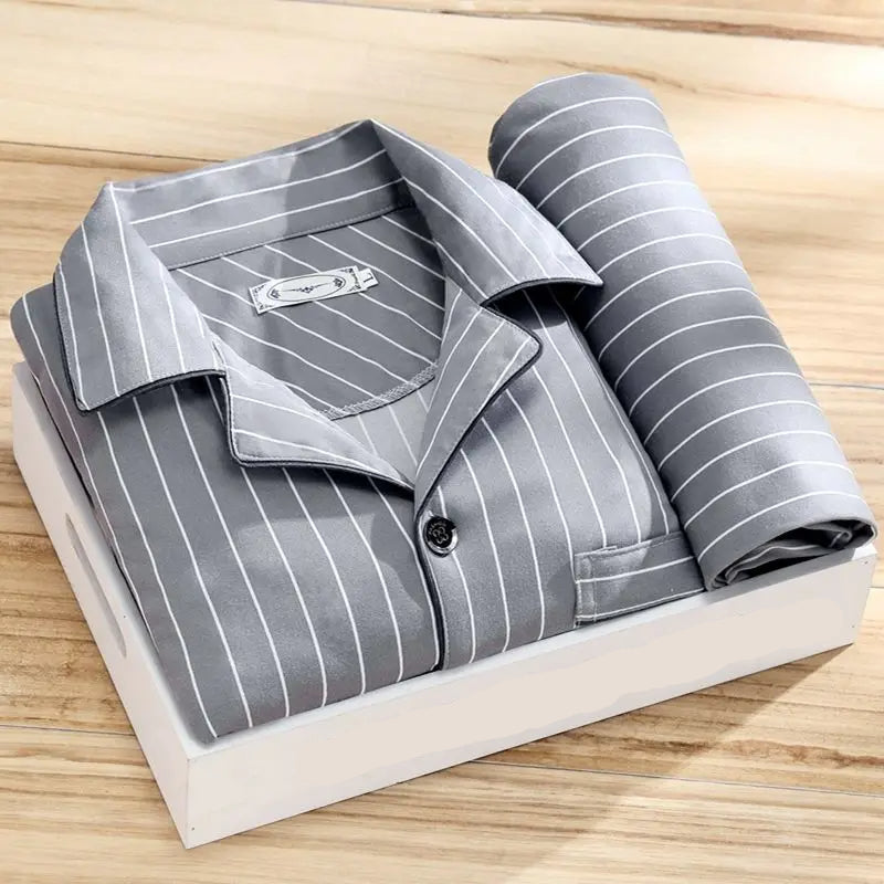 Herren Pyjama Set | 2-teilig | Lange Hose | Knopfverschluss | Hemd-Grau Gestreift-L-Luzern Mode