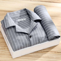 Herren Pyjama Set | 2-teilig | Lange Hose | Knopfverschluss | Hemd-Grau Gestreift-L-Luzern Mode