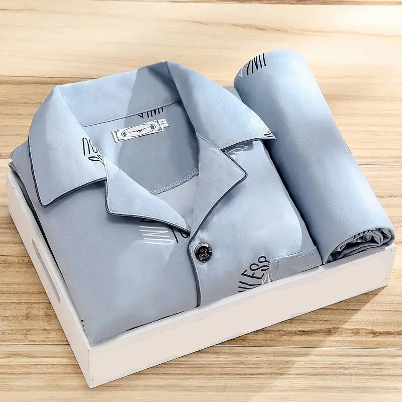 Herren Pyjama Set | 2-teilig | Lange Hose | Knopfverschluss | Hemd-Grau-L-Luzern Mode