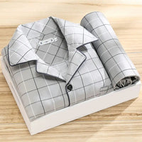 Herren Pyjama Set | 2-teilig | Lange Hose | Knopfverschluss | Hemd-Hellgrau Karomuster-L-Luzern Mode