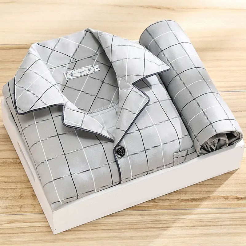Herren Pyjama Set | 2-teilig | Lange Hose | Knopfverschluss | Hemd-Hellgrau Karomuster-L-Luzern Mode