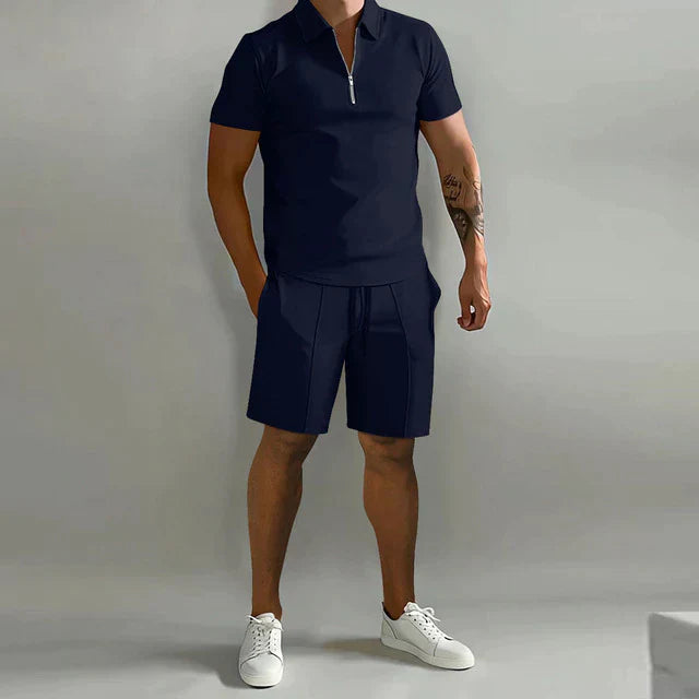 Herren Zomerset | 2-teilig | Polo | Kurz | Unifarben | Baumwolle | V-Ausschnitt-Dunkelblau-S-Luzern Mode