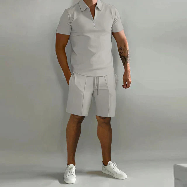 Herren Zomerset | 2-teilig | Polo | Kurz | Unifarben | Baumwolle | V-Ausschnitt-Grau-S-Luzern Mode