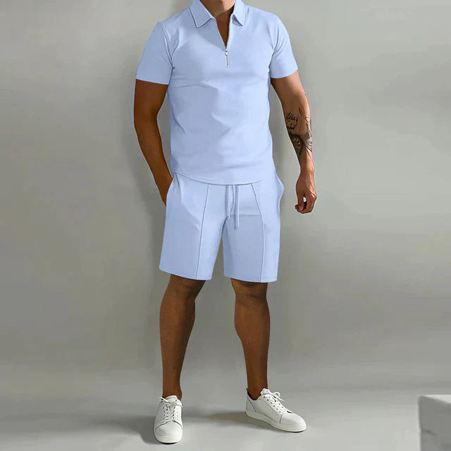 Herren Zomerset | 2-teilig | Polo | Kurz | Unifarben | Baumwolle | V-Ausschnitt-Himmelblau-S-Luzern Mode