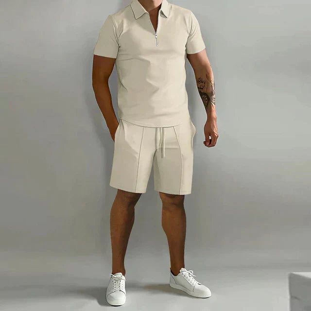 Herren Zomerset | 2-teilig | Polo | Kurz | Unifarben | Baumwolle | V-Ausschnitt-Khaki-S-Luzern Mode