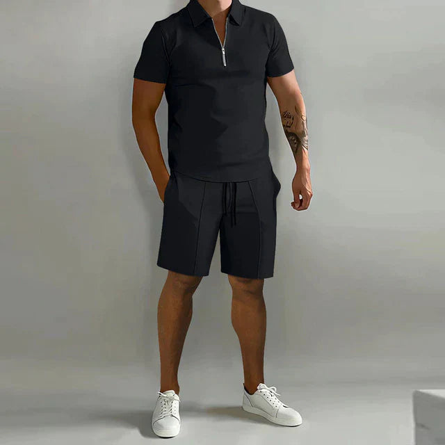 Herren Zomerset | 2-teilig | Polo | Kurz | Unifarben | Baumwolle | V-Ausschnitt-Schwarz-S-Luzern Mode