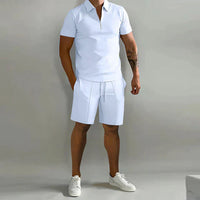 Herren Zomerset | 2-teilig | Polo | Kurz | Unifarben | Baumwolle | V-Ausschnitt-Weiß-S-Luzern Mode