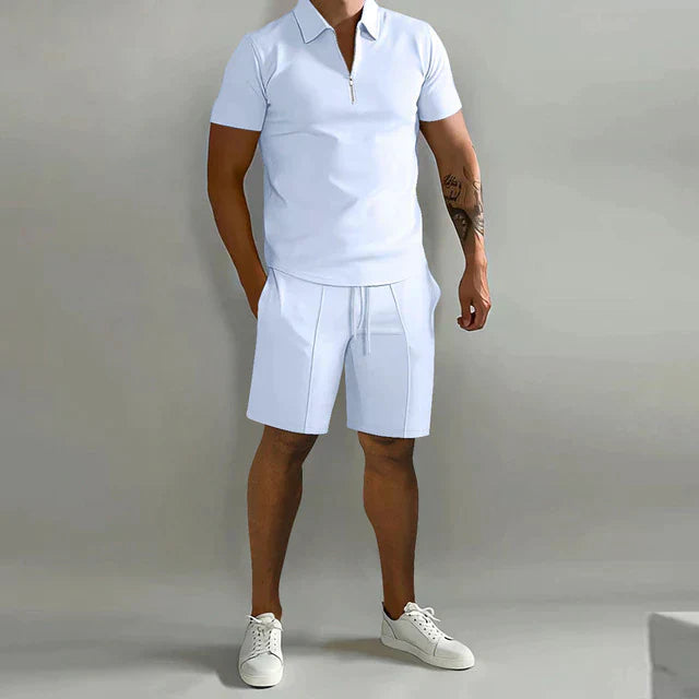 Herren Zomerset | 2-teilig | Polo | Kurz | Unifarben | Baumwolle | V-Ausschnitt-Weiß-S-Luzern Mode