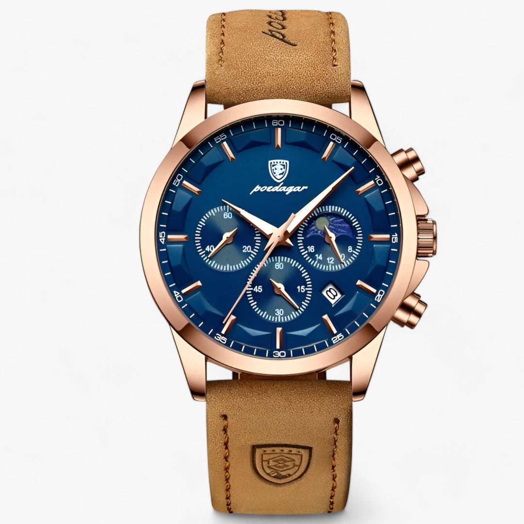 Herren Chronograph Uhr mit Edelstahlarmband und Mondphase-Roségold Blau L-Luzern Mode