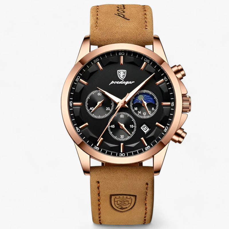 Herren Chronograph Uhr mit Edelstahlarmband und Mondphase-Roségold Schwarz L-Luzern Mode