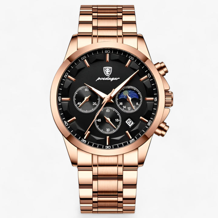 Herren Chronograph Uhr mit Edelstahlarmband und Mondphase-Roségold Schwarz S-Luzern Mode
