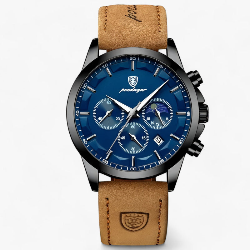 Herren Chronograph Uhr mit Edelstahlarmband und Mondphase-Schwarz Blau L-Luzern Mode